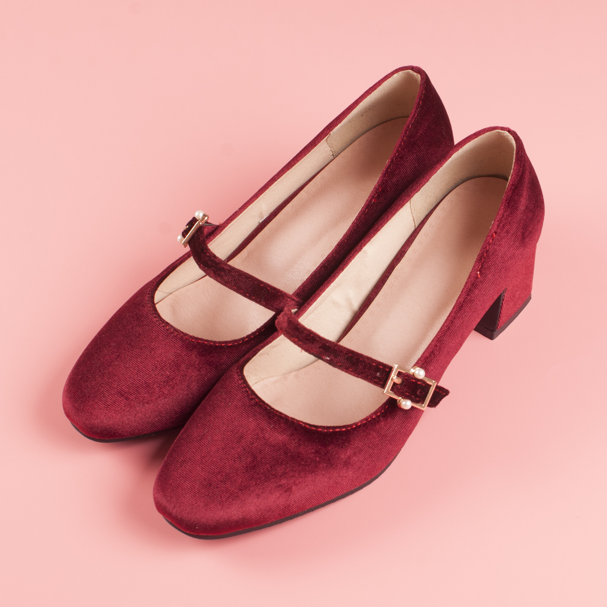 酒红色玛丽珍鞋复古方头奶奶鞋金丝绒赫本鞋中跟芭蕾鞋粉色仙女鞋