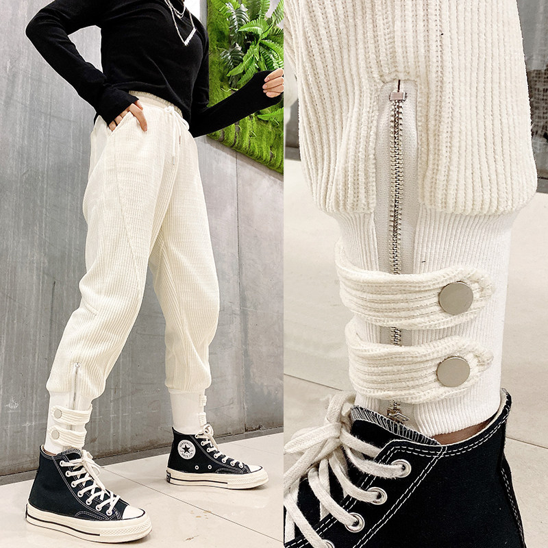 本命年红色灯芯绒裤子女条绒萝卜裤九分宽松束脚韩版潮欧货休闲裤