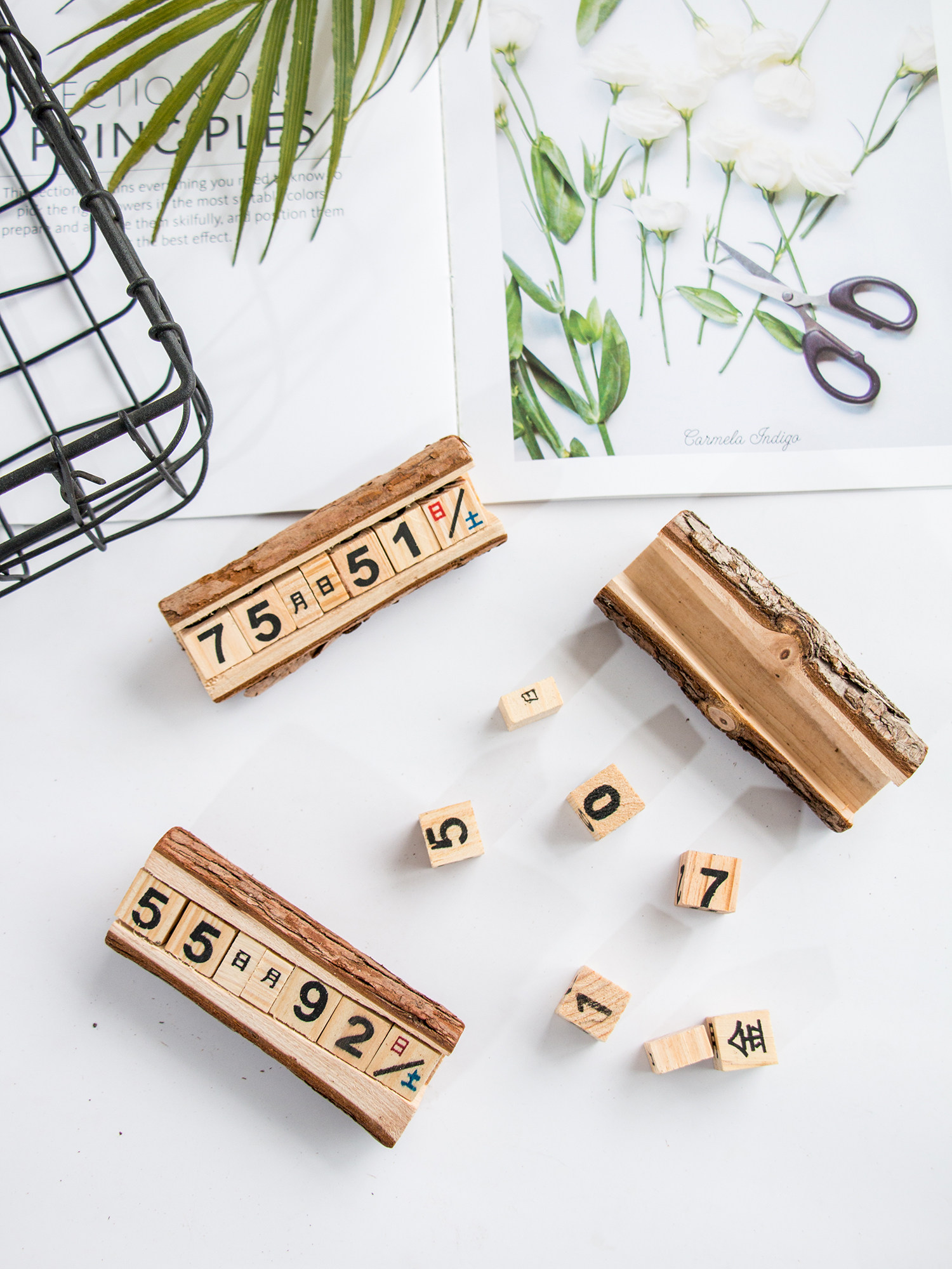 ins复古木质台历日历木桩实木拍照道具摄影背景布类