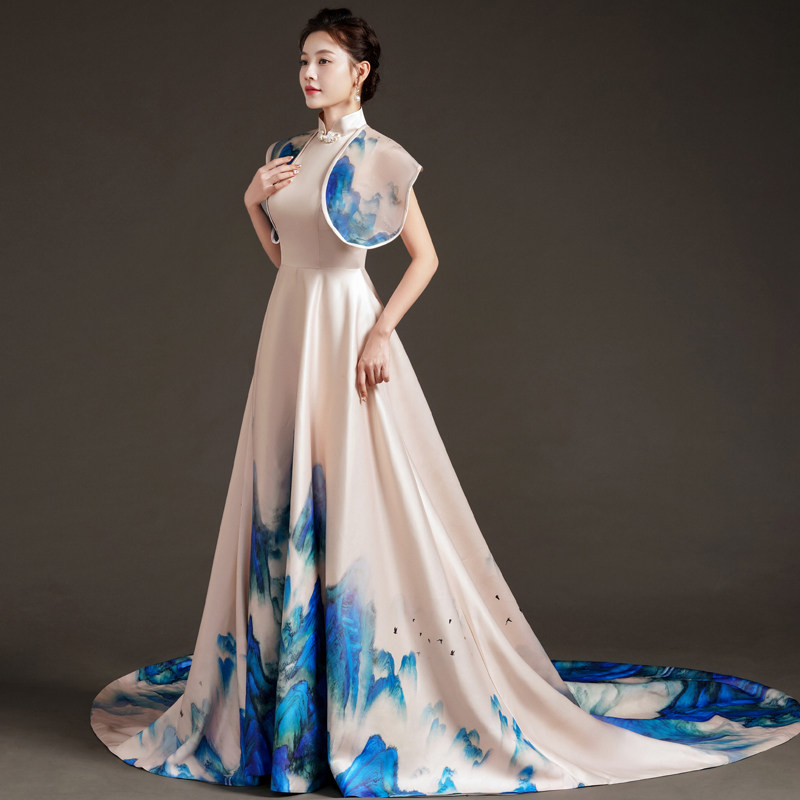 礼服国潮高端千里江山裙拖尾长款艺考古筝演出服礼服