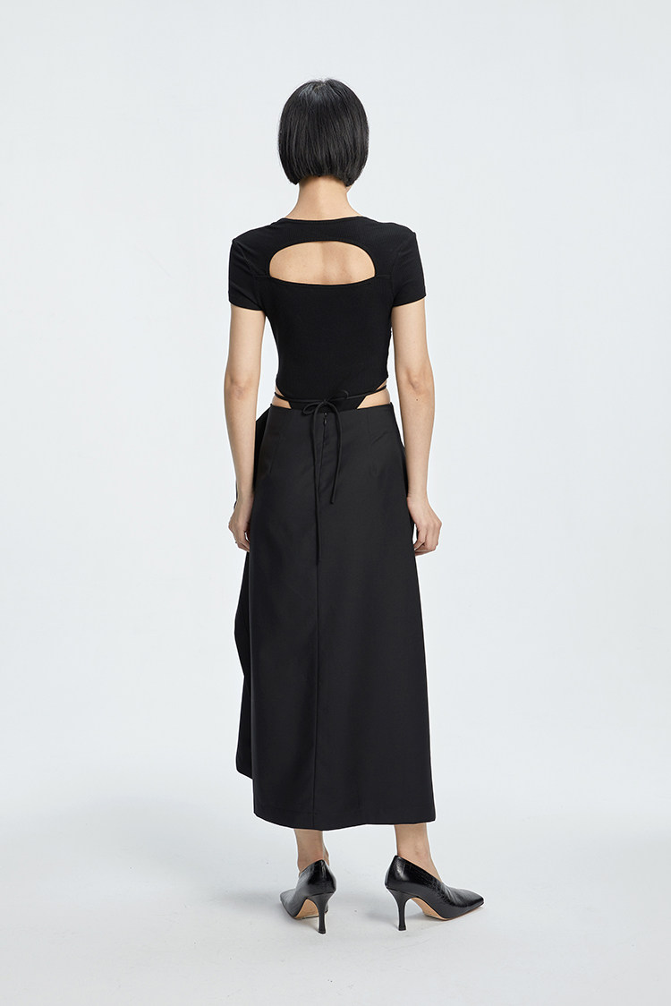 tinyin褶皱绑带半身裙长款黑色高腰廓形不规则半身裙