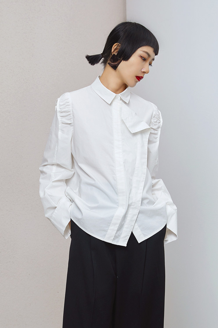 tinyin白色衬衫小众设计袖子褶皱立体感气质衬衫