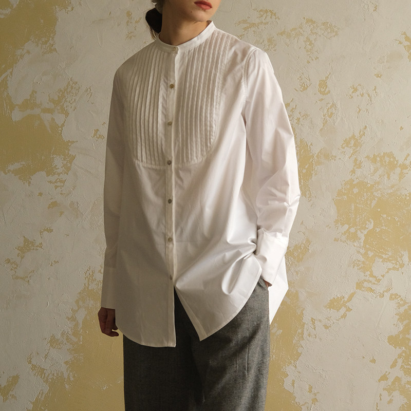 mannee慢呢法式复古风琴古典立领长款精梳棉质衬衫