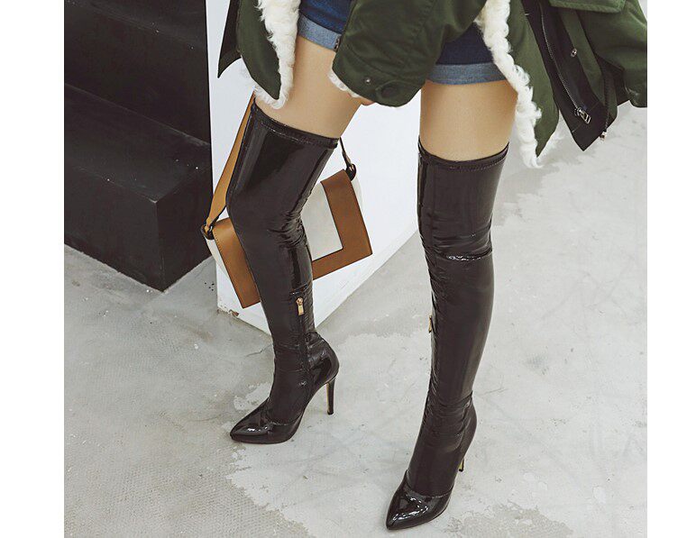 亮皮细跟高跟长靴过膝长筒弹力瘦靴黄色杏色时装靴