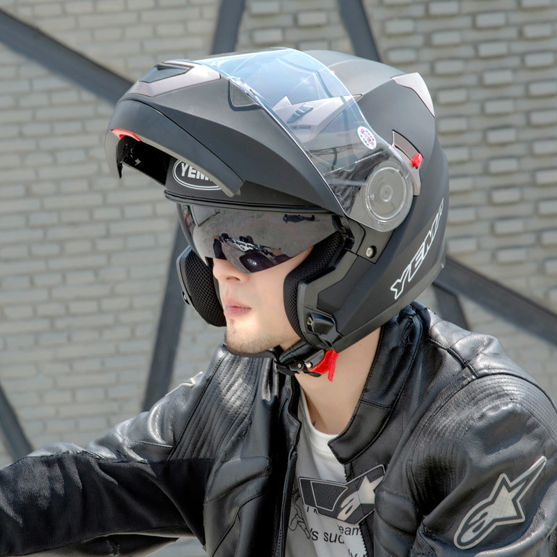 野马冬季电动车头盔男双镜片安全帽大码加大号机车全盔防雾揭面盔