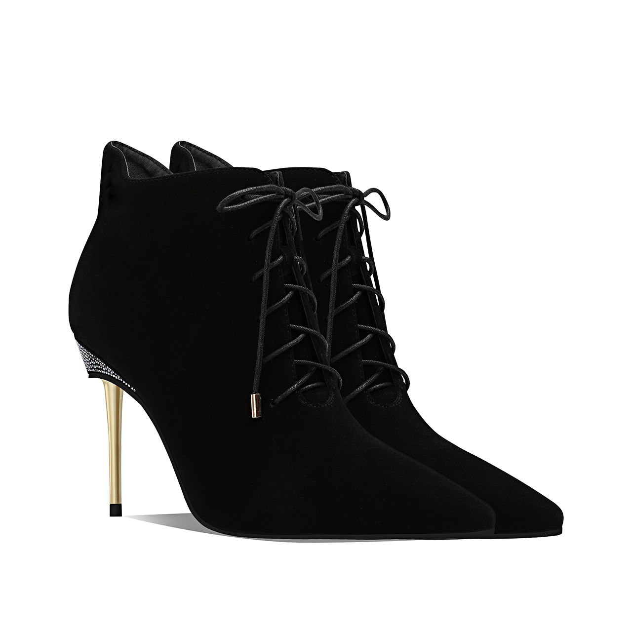 高跟短靴女2019冬季新款细跟尖头马丁靴真皮系带瘦瘦靴百搭网红靴