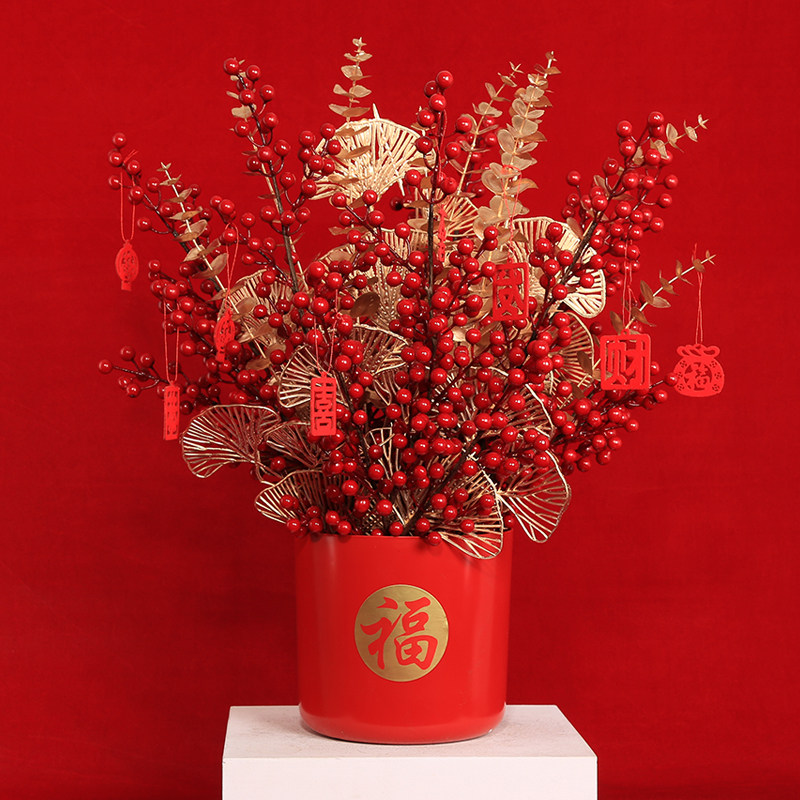新年装饰福桶红果发财果花桶元宵摆件客厅喜庆摆件