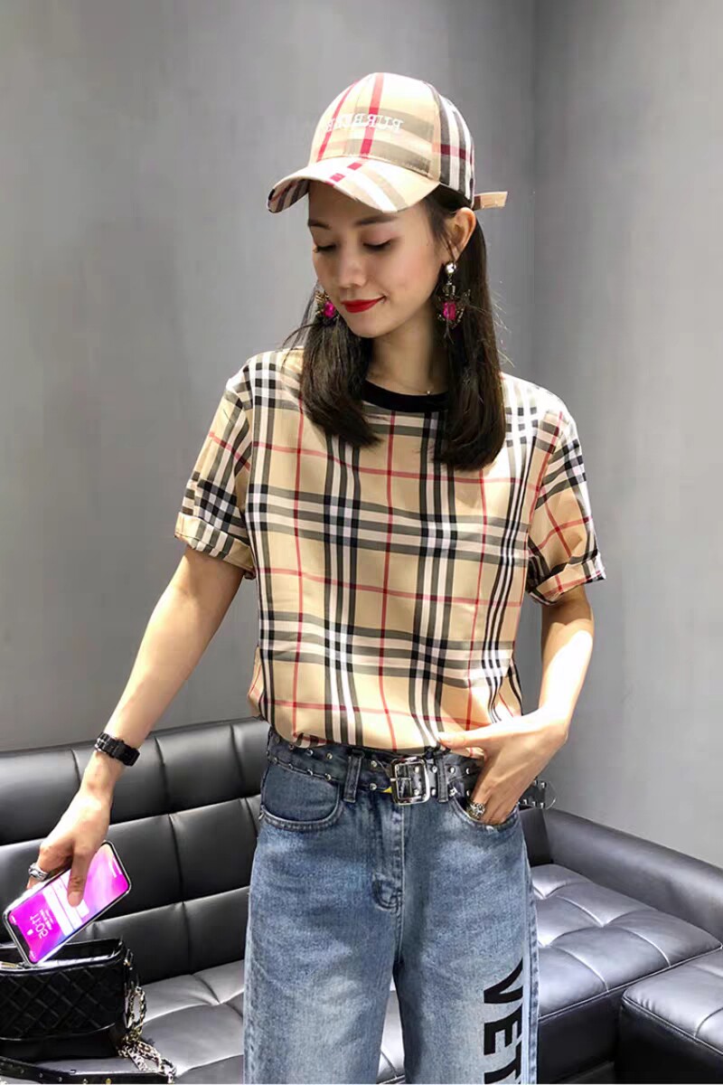 欧洲站2020夏季女装时尚圆领格子短袖t恤女欧货宽松洋气半袖上衣