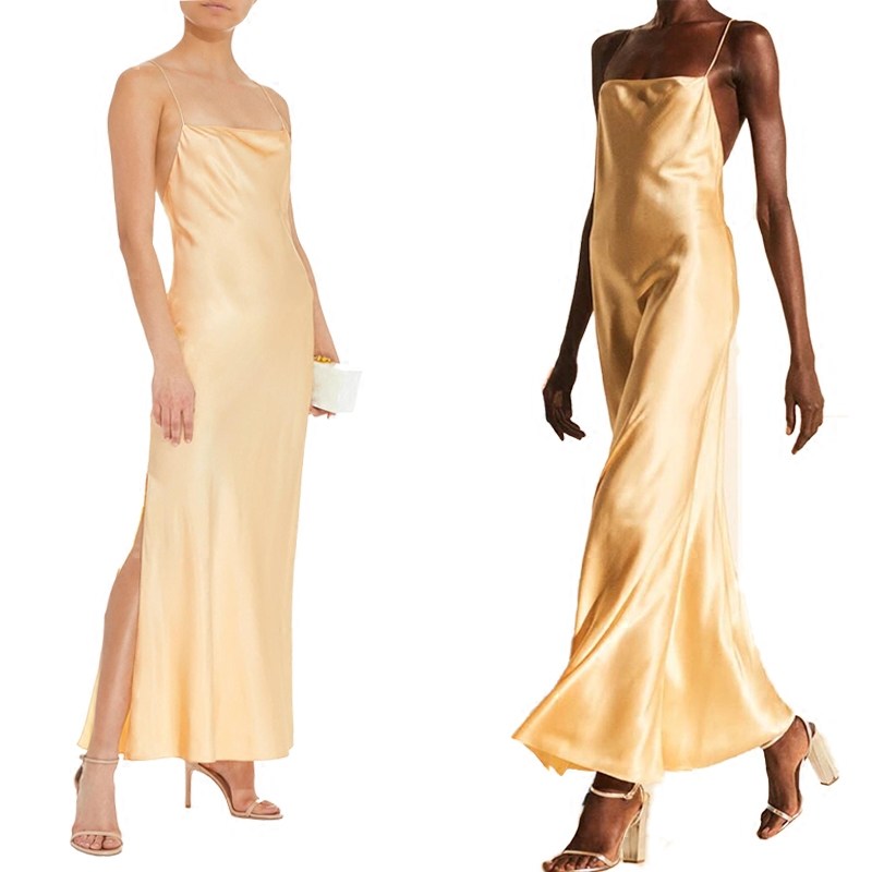 2018度假礼服连衣裙吊带缎面丝质春夏金丝质香槟连衣裙