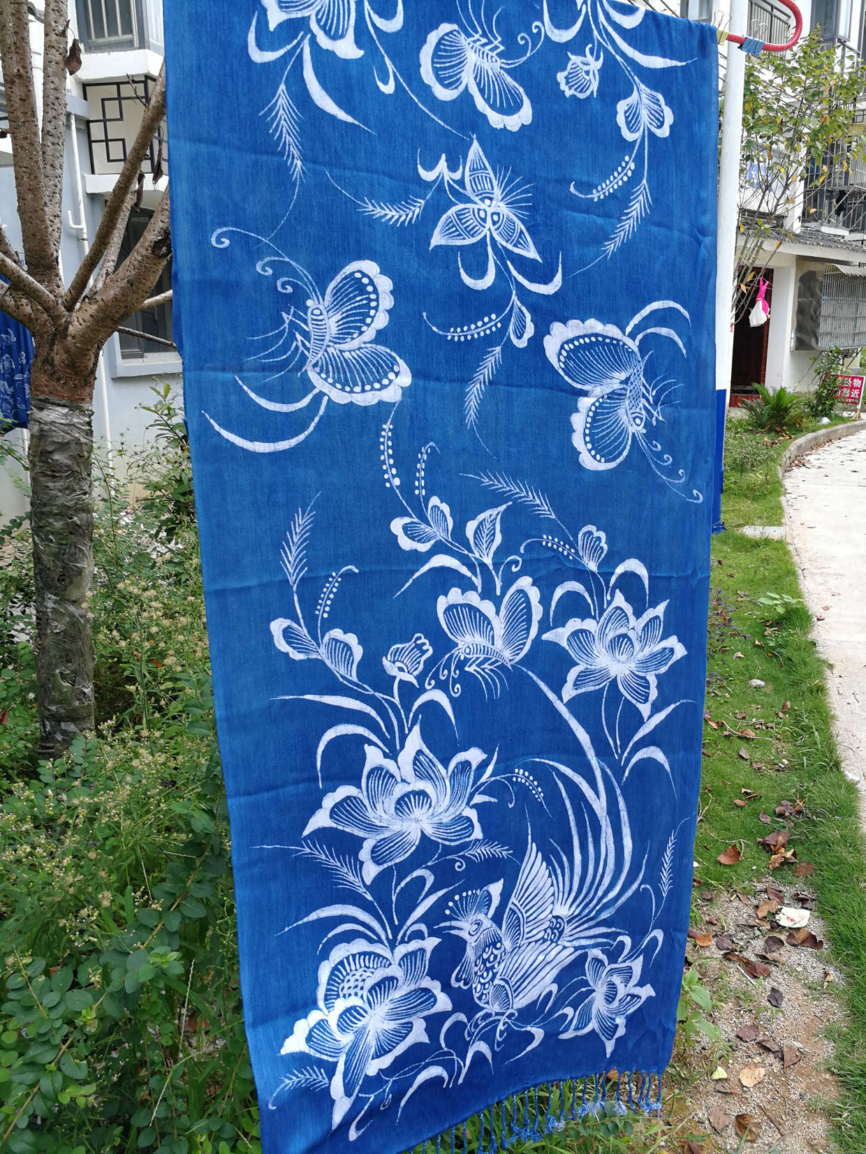 围巾丹寨蜡染定制绵绸绸带流苏全画花鸟蝴蝶苗族蜡染