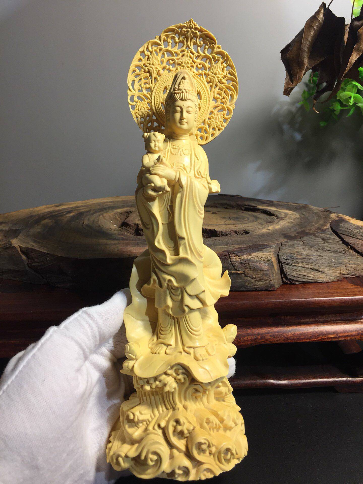 黄杨柏木送子观音雕刻实木佛像随身求子好孕供奉摆件