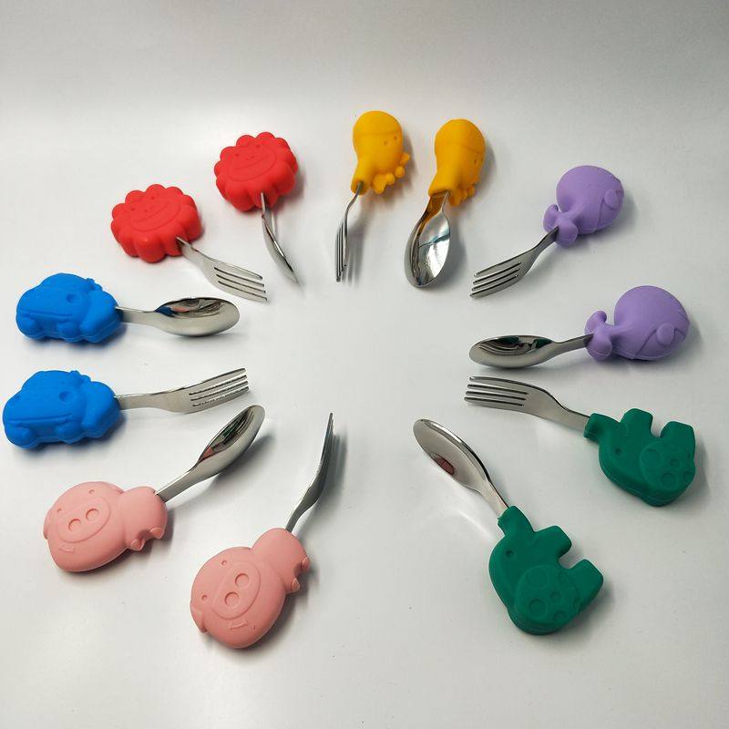 marcus宝宝吃饭训练短柄勺子婴儿辅食弯头一岁叉