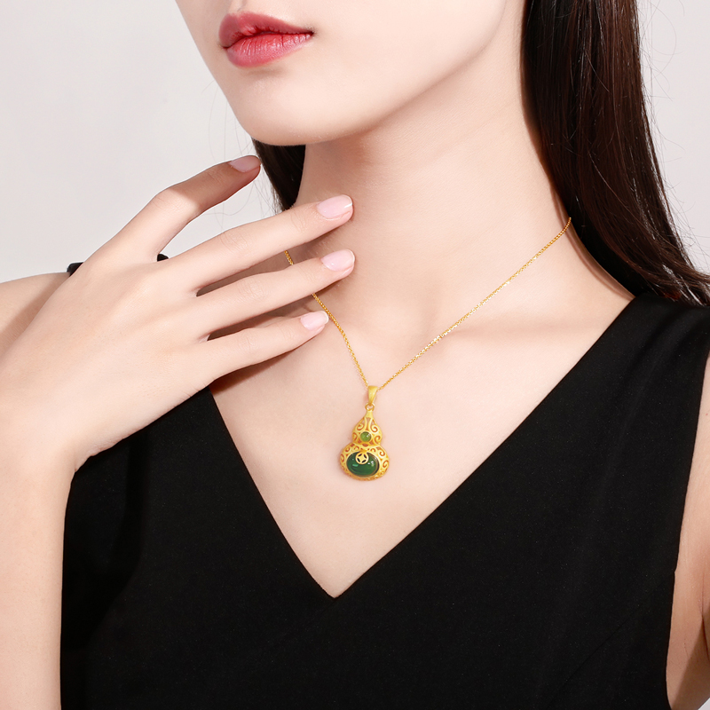 cemni千年吉祥福金镶玉吊坠项链s925葫芦碧玉转运项坠