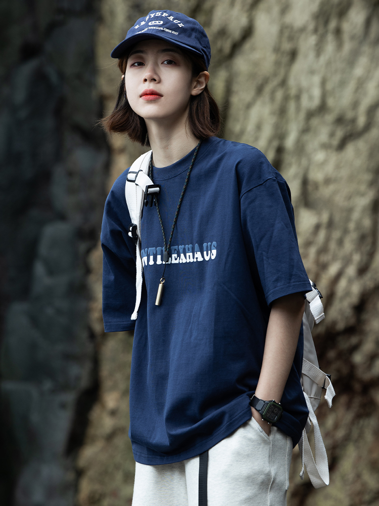 易燃空间|230G双纱纯棉T恤女2022SS简约字母印花情侣宽松短袖上衣