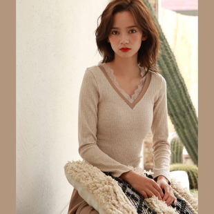 reme坊女士秋冬保暖打底衫 单层天丝棉柔软修身 款 前后v领蕾丝长袖