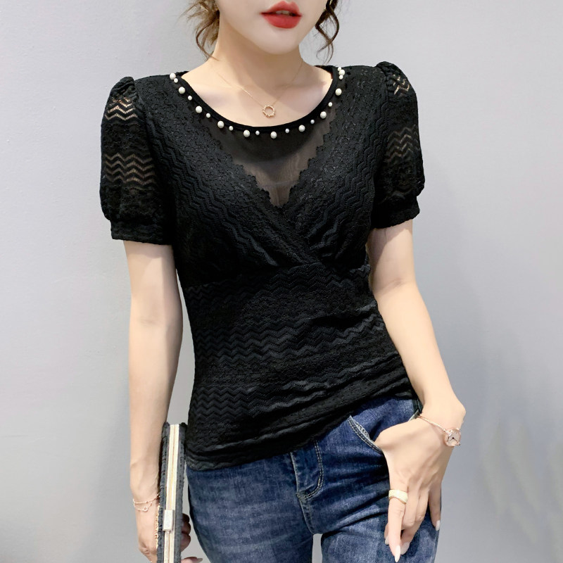 女装2021新款性感镂空蕾丝恤女短袖夏网纱拼接t恤