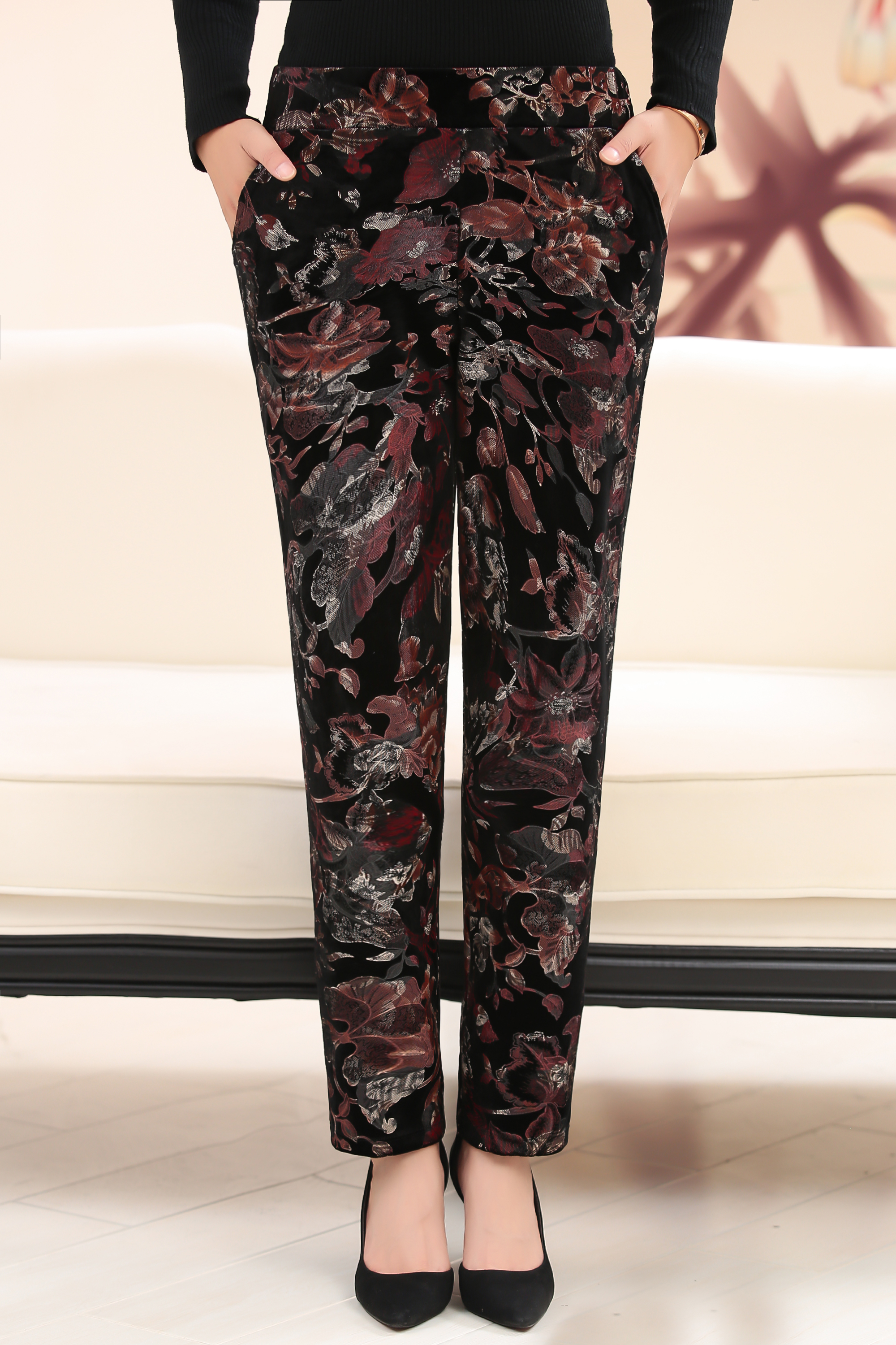 中老年女裤春秋款高腰长裤弹力奶奶直筒裤宽松607080老太太花裤子