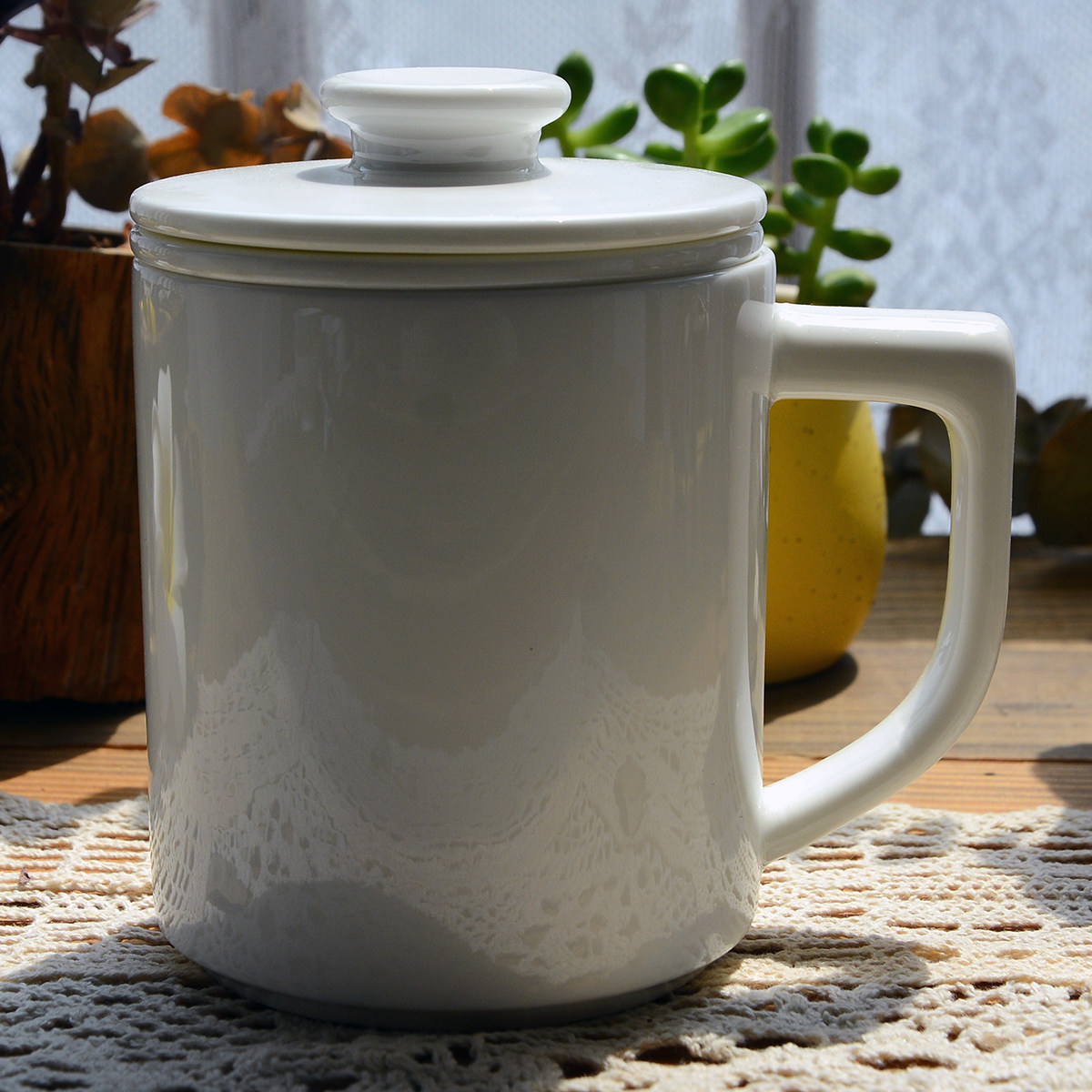 茶杯纯白无铅骨瓷带茶杯子内胆过滤大容量办公室茶杯