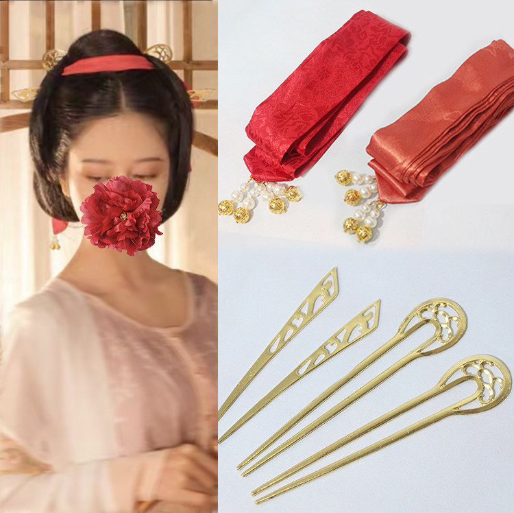 宋制头饰飘带红飘古风发钗简约领汉裙坦诃子发饰