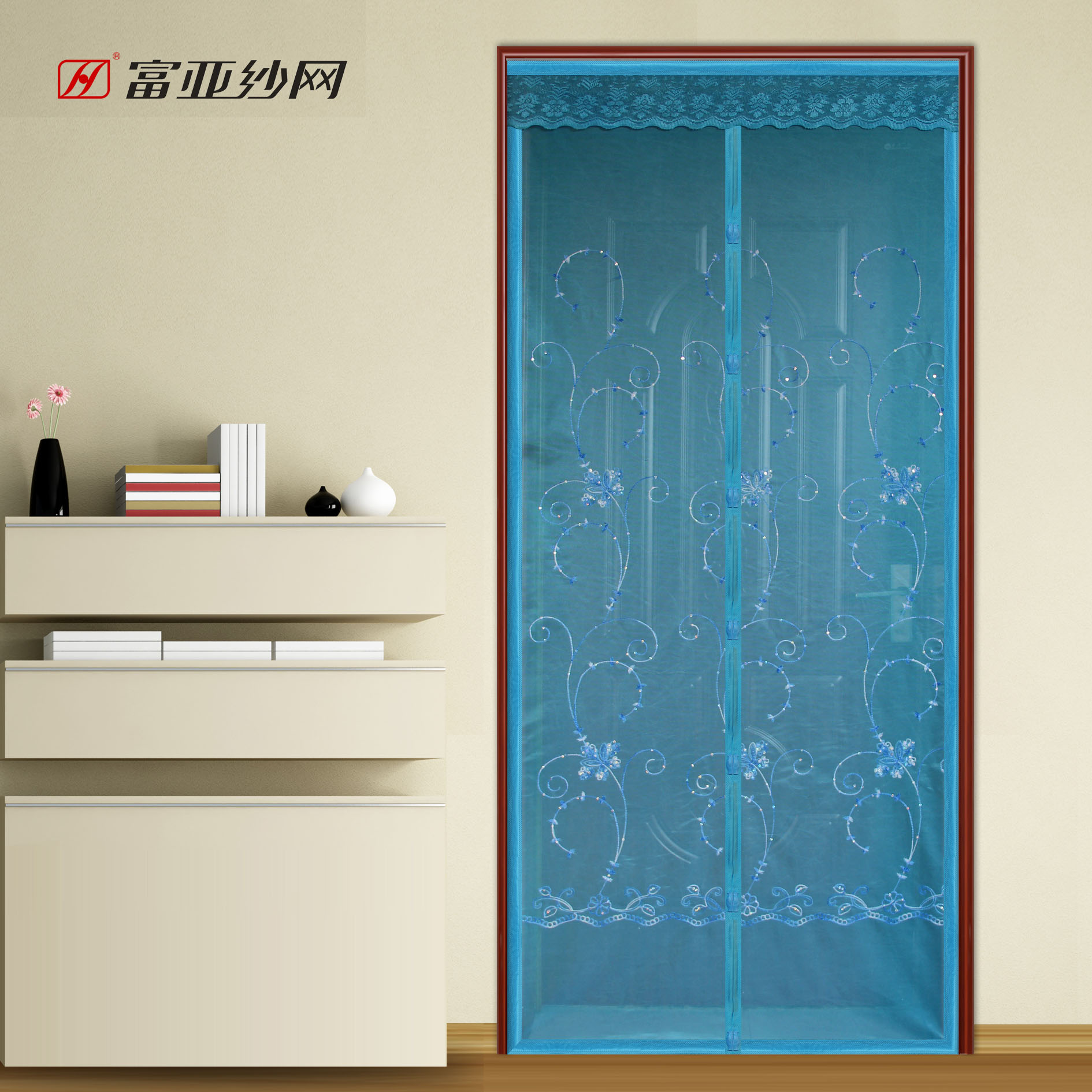 门帘富亚绣花磁性软纱门免穿磁条防蚊纱门夏季门帘