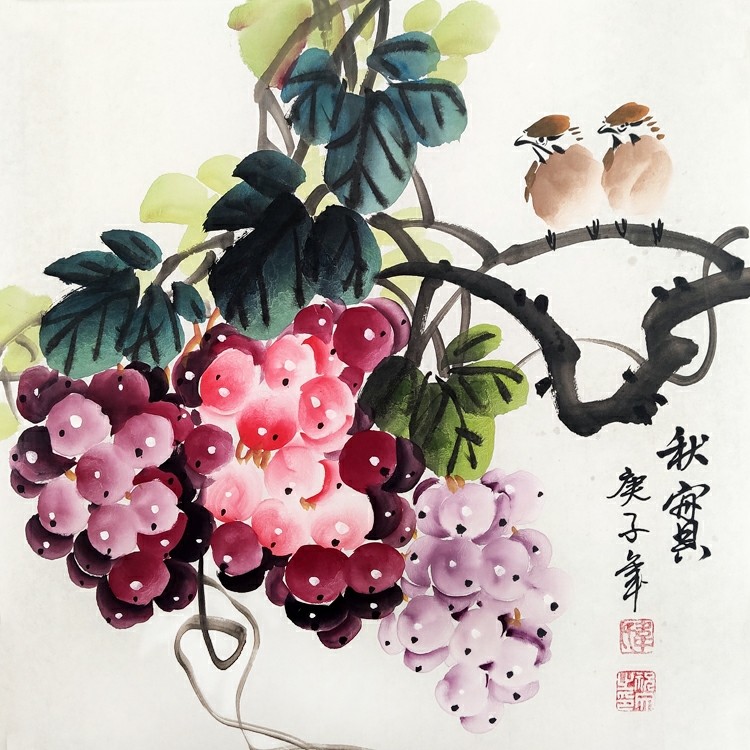 葡萄手绘国画写意水墨花鸟画客厅玄关小品三尺国画