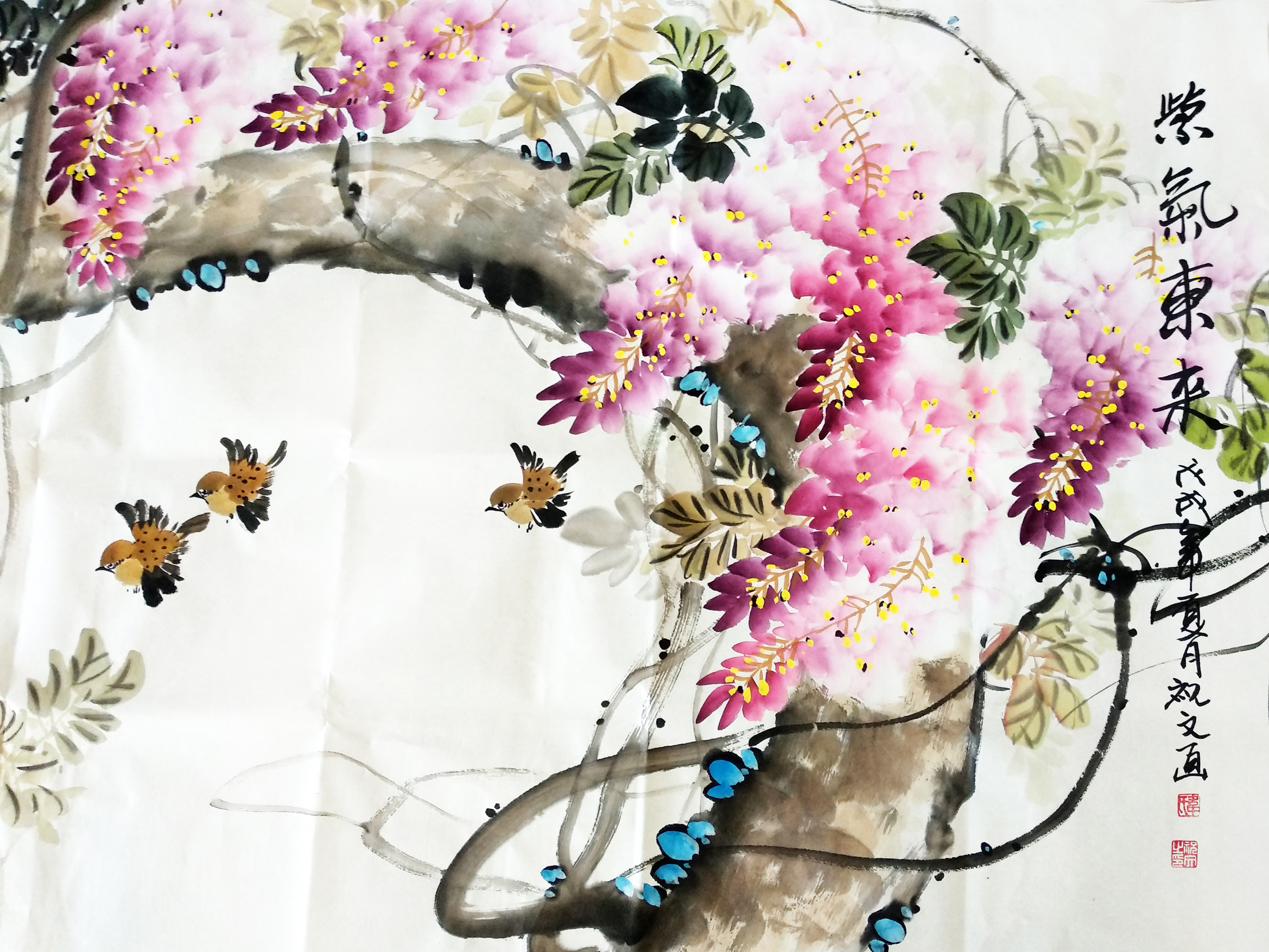 紫气东来小鸟紫藤六尺手绘装饰画客厅写意花鸟画国画国画