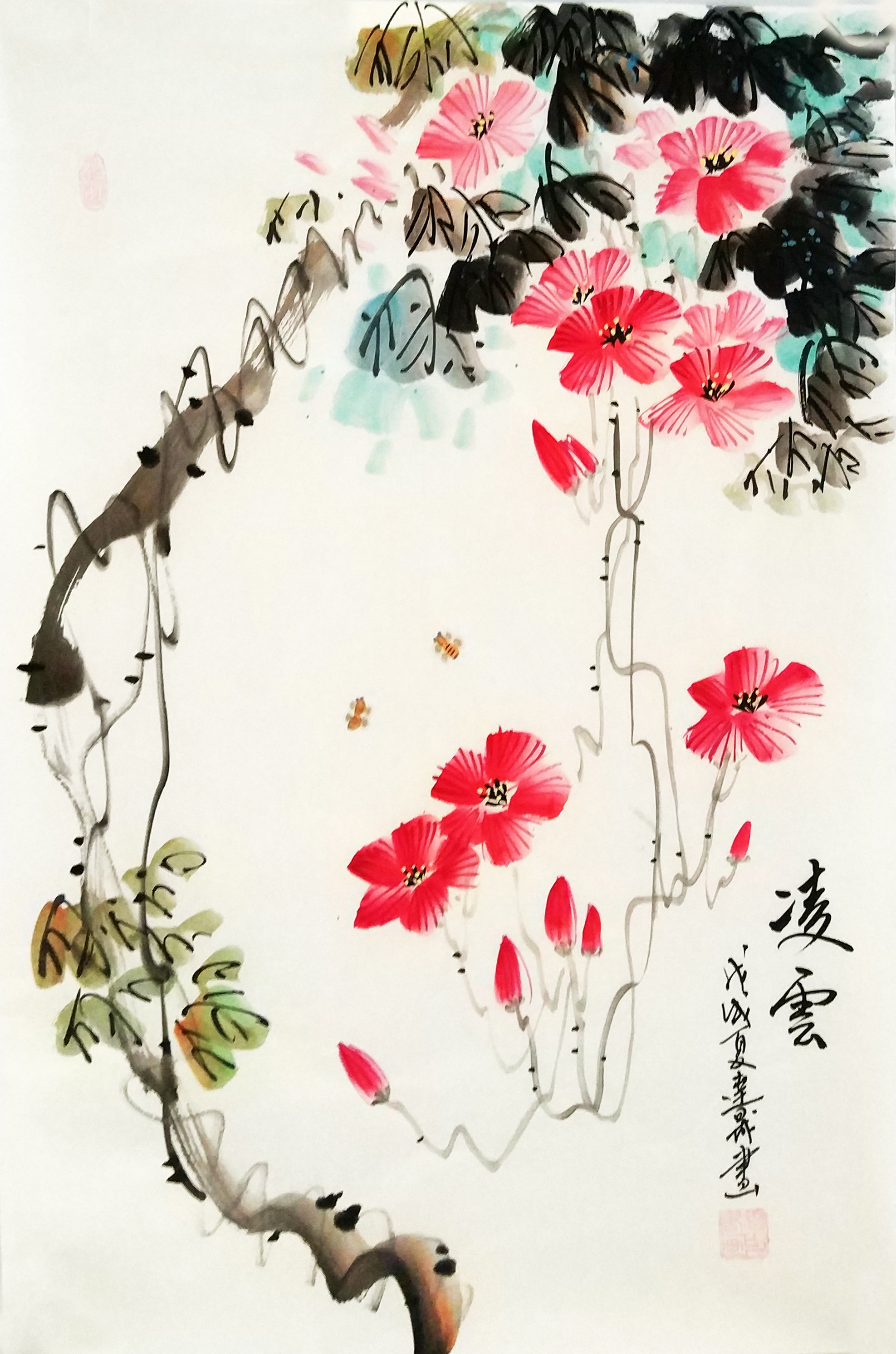 凌霄竖幅三开四尺装饰画手绘走廊餐厅花鸟画写意国画