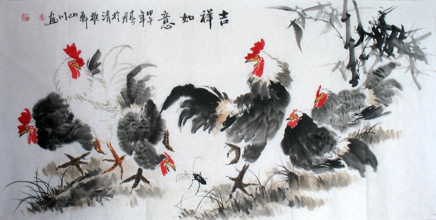 吉祥如意公鸡四尺名家国画六鸡水墨手绘真迹作品国画