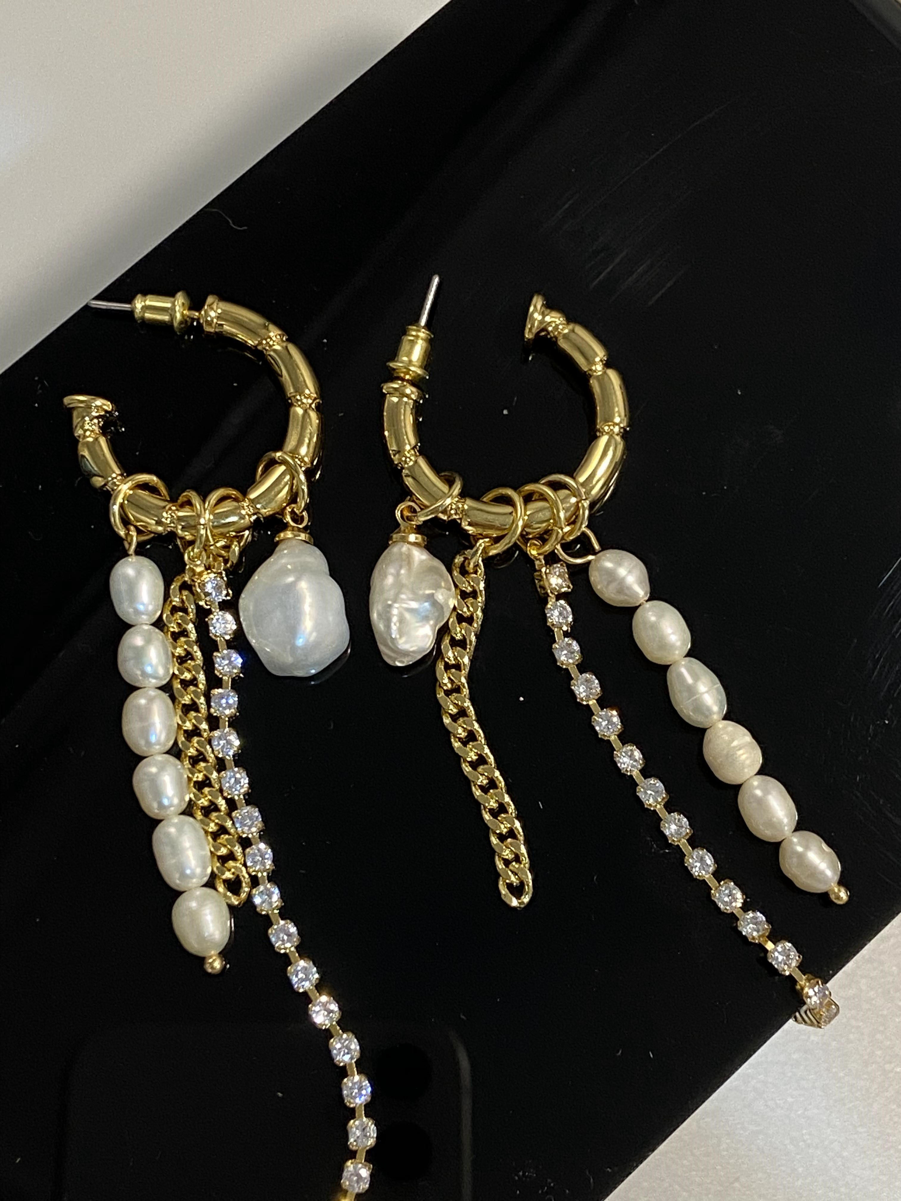 耳环巴洛克珍珠镶钻锆石流苏链条耳钉复古夸张耳环