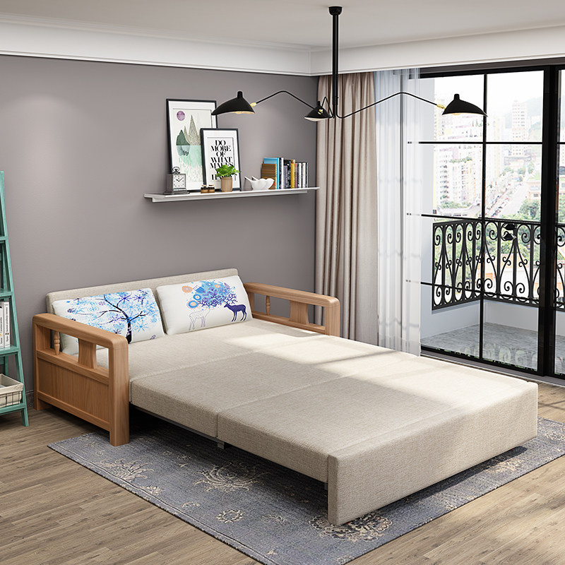 多功能实木沙发床可折叠客厅小户型双人1.5米两用布艺1.3米乳胶