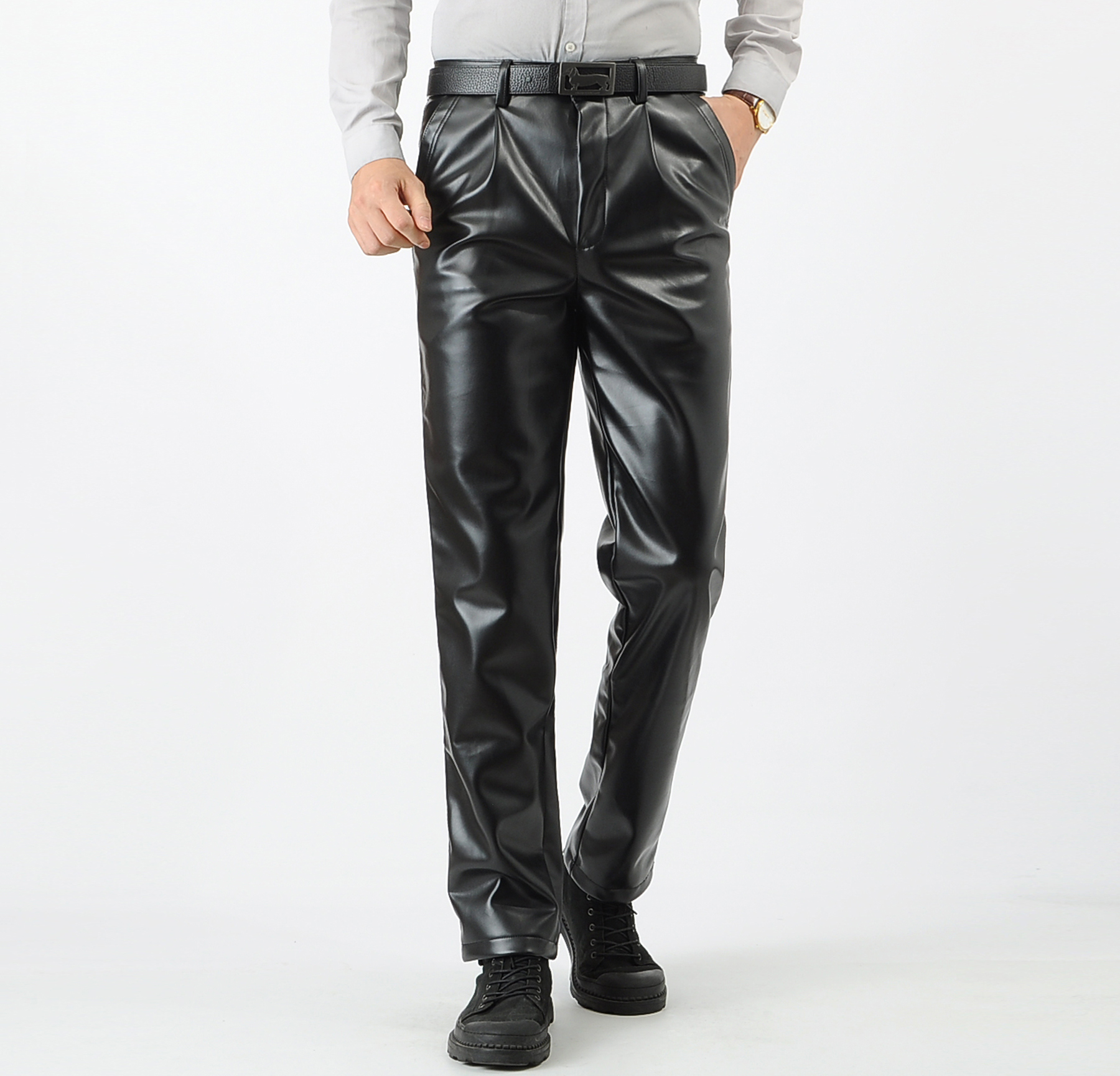 中老年秋冬季男士皮裤宽松大码摩托车防风防水加绒皮裤