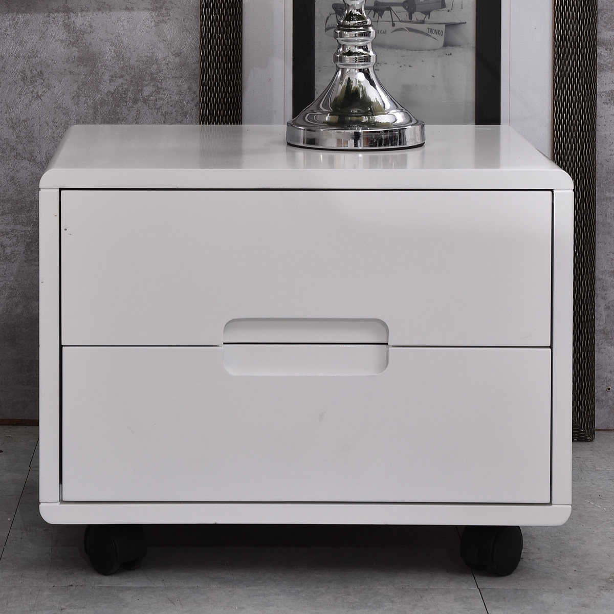 家家家具现代简约床头柜整装白色床边柜带滑轮双抽床头柜