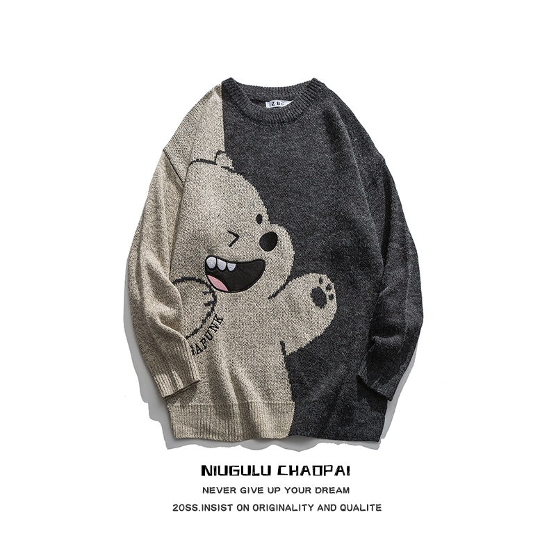 NIUGULU.20SS潮牌卡通动漫撞色拼色潮流嘻哈宽松宽松新款毛衣外套