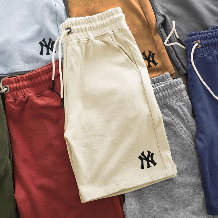 纯棉裤子男ins百搭大码短裤夏季潮流外穿宽松五分裤NY刺绣运动裤
