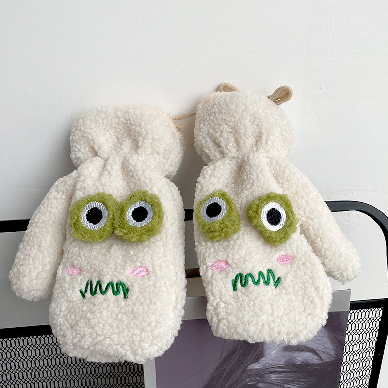 小青蛙手套冬季女可爱ins羊羔毛绒挂脖学生骑车加厚保暖防风手套