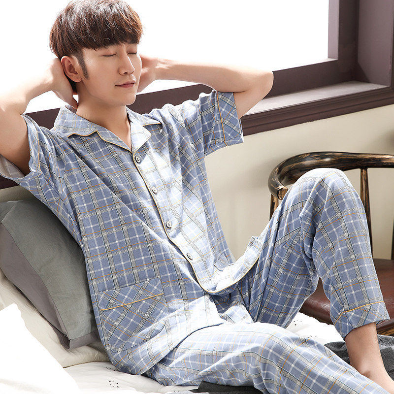 睡衣夏季纯棉短袖长裤男士薄款中年爸爸夏天睡衣