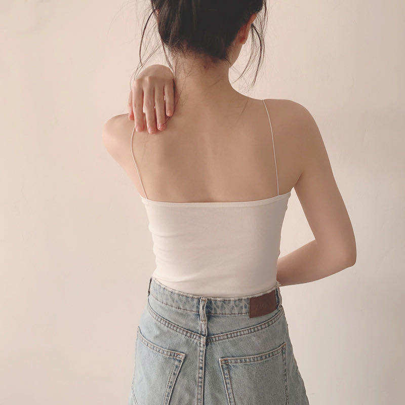 油画少女美背吊带螺纹棉背心可拆卸胸垫