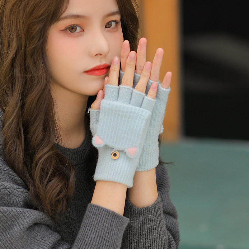 女士可爱防寒保暖半指翻盖露指写字女孩子学生手套