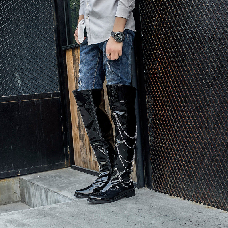 新款舞台演出过膝高筒男钢管皮靴牛仔英伦漆皮时装靴