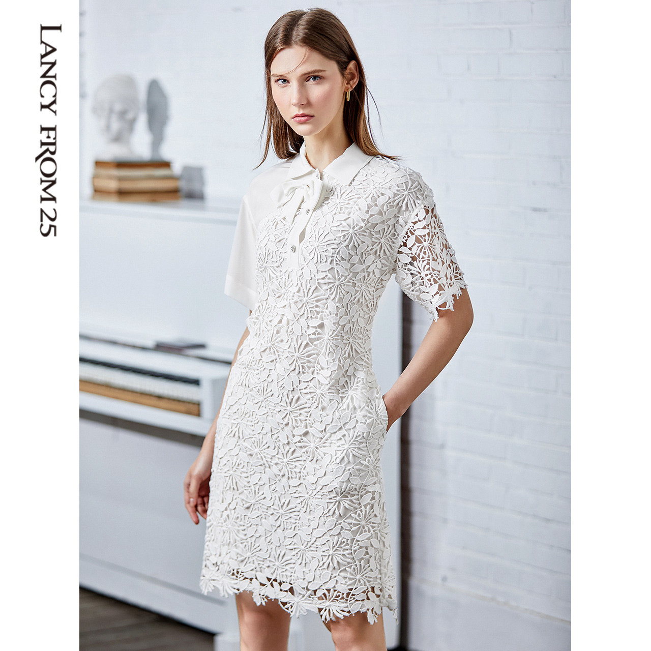 朗姿法式初恋甜美缠花蕾丝白色气质连衣裙夏装连衣裙