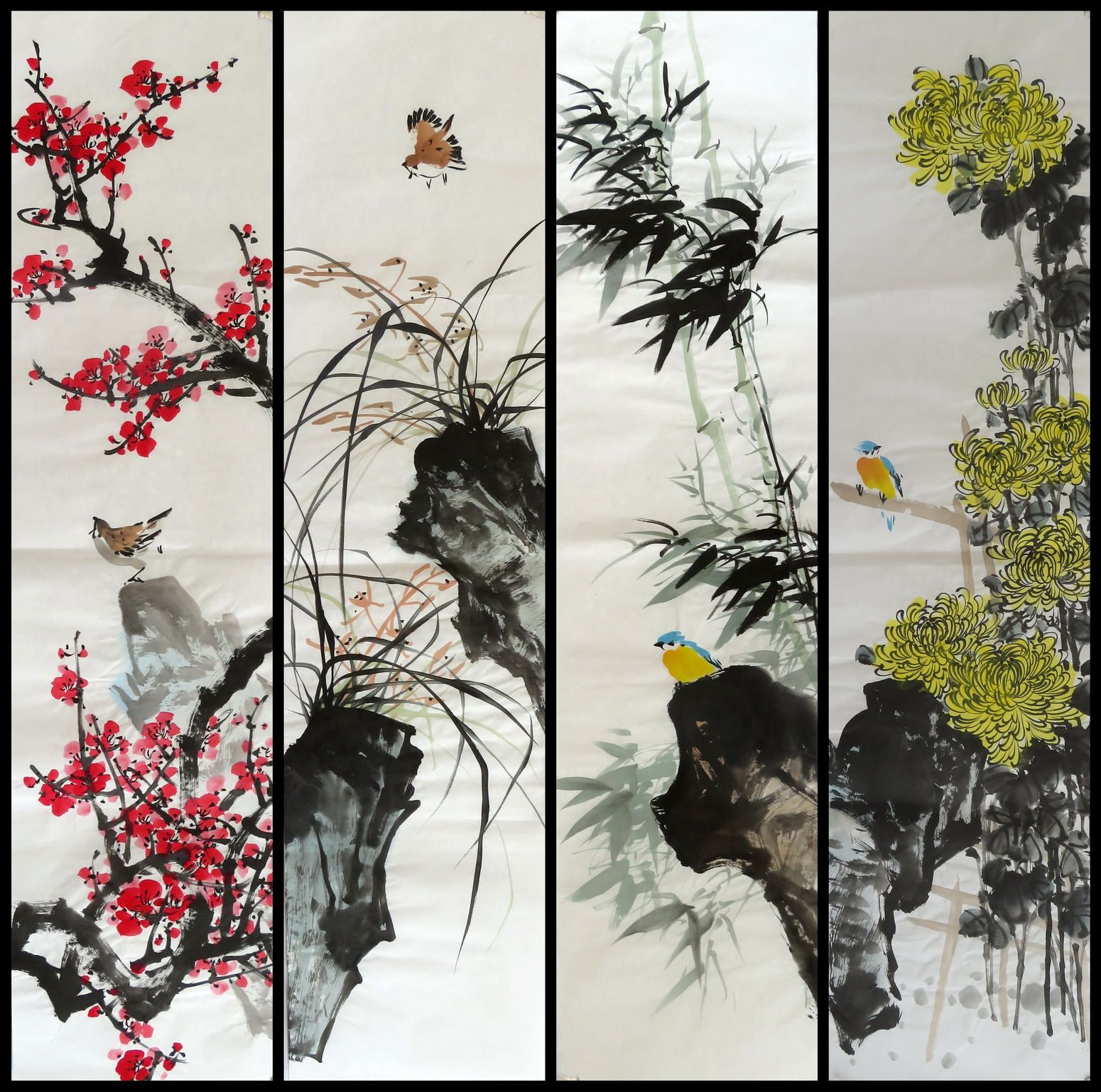 四条套画梅兰竹菊对开四尺手绘花鸟国画特价墨锦国画