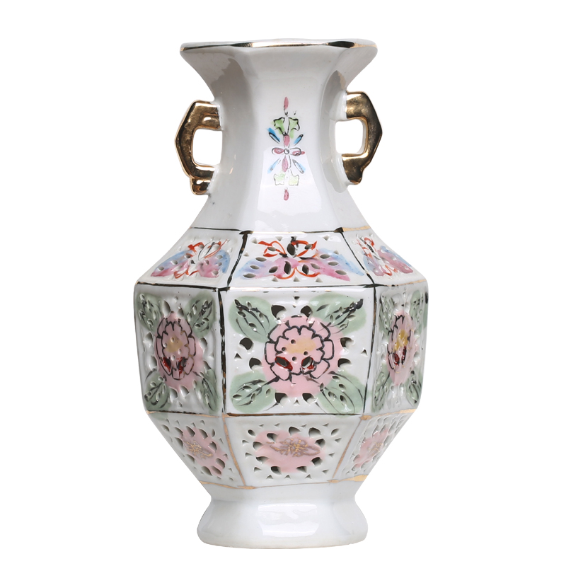 60年代潮州国营彩瓷厂双耳通花六角手绘出口陶瓷花瓶