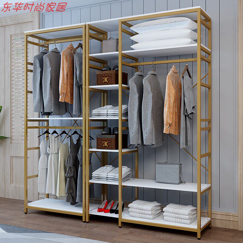 加厚钢架金色衣帽间开放式简易衣柜钢木卧室置物架衣帽架