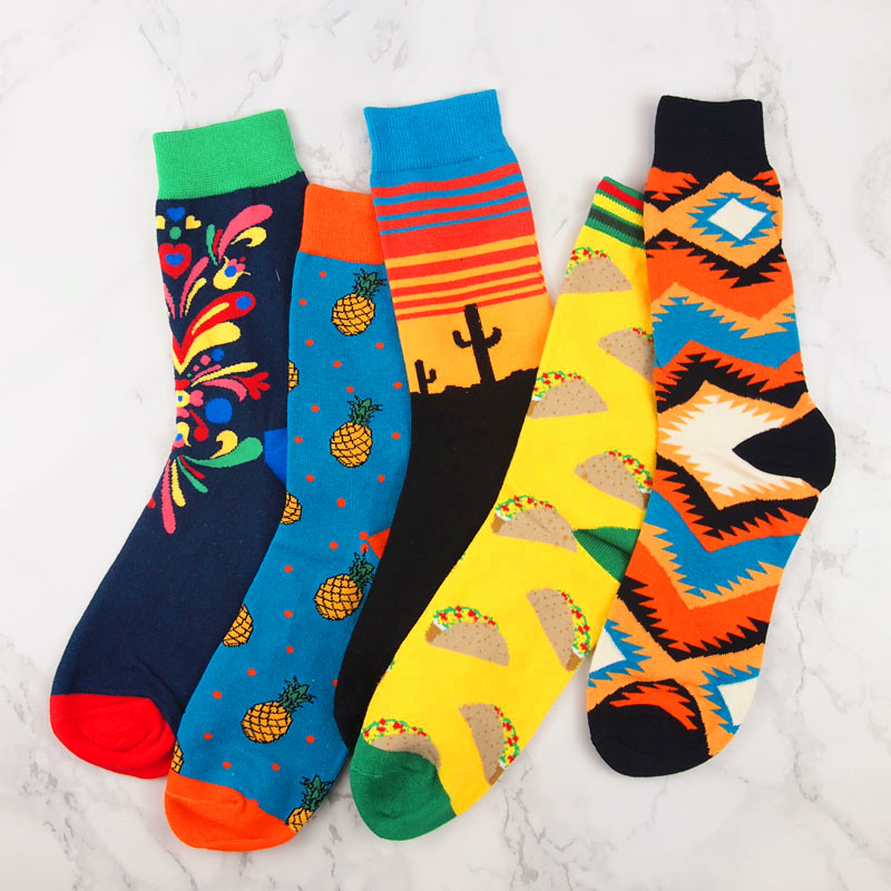 袜子男中筒春夏纯棉菠萝撞色创意英伦风街头潮流插画吸汗花色运动