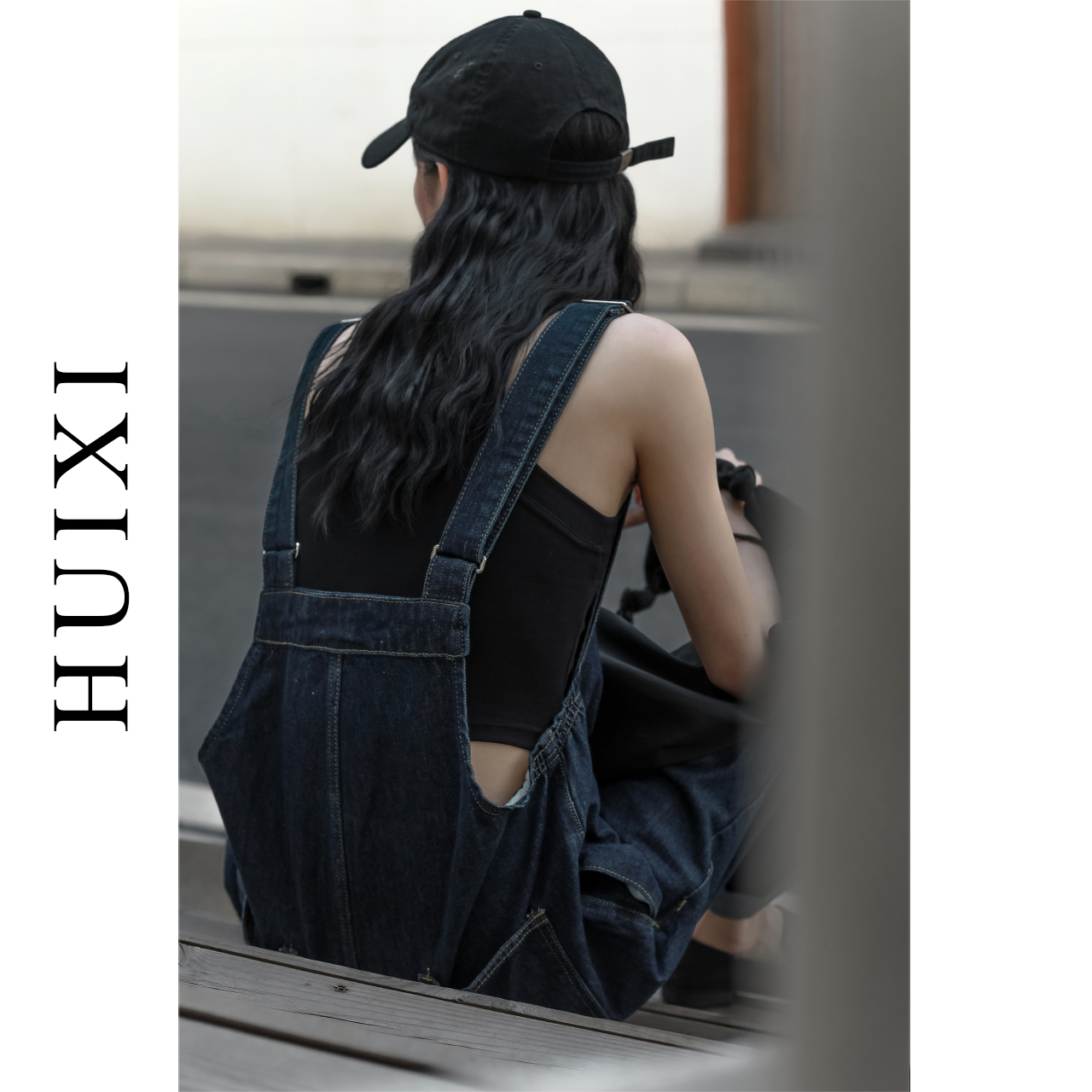 「HUIXI」蓝色牛仔背带裤女2022年新款夏百搭韩版宽松直筒阔腿裤