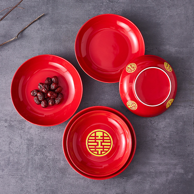 热卖婚庆糖果果盘结婚餐具陶瓷红色碟子喜庆盘
