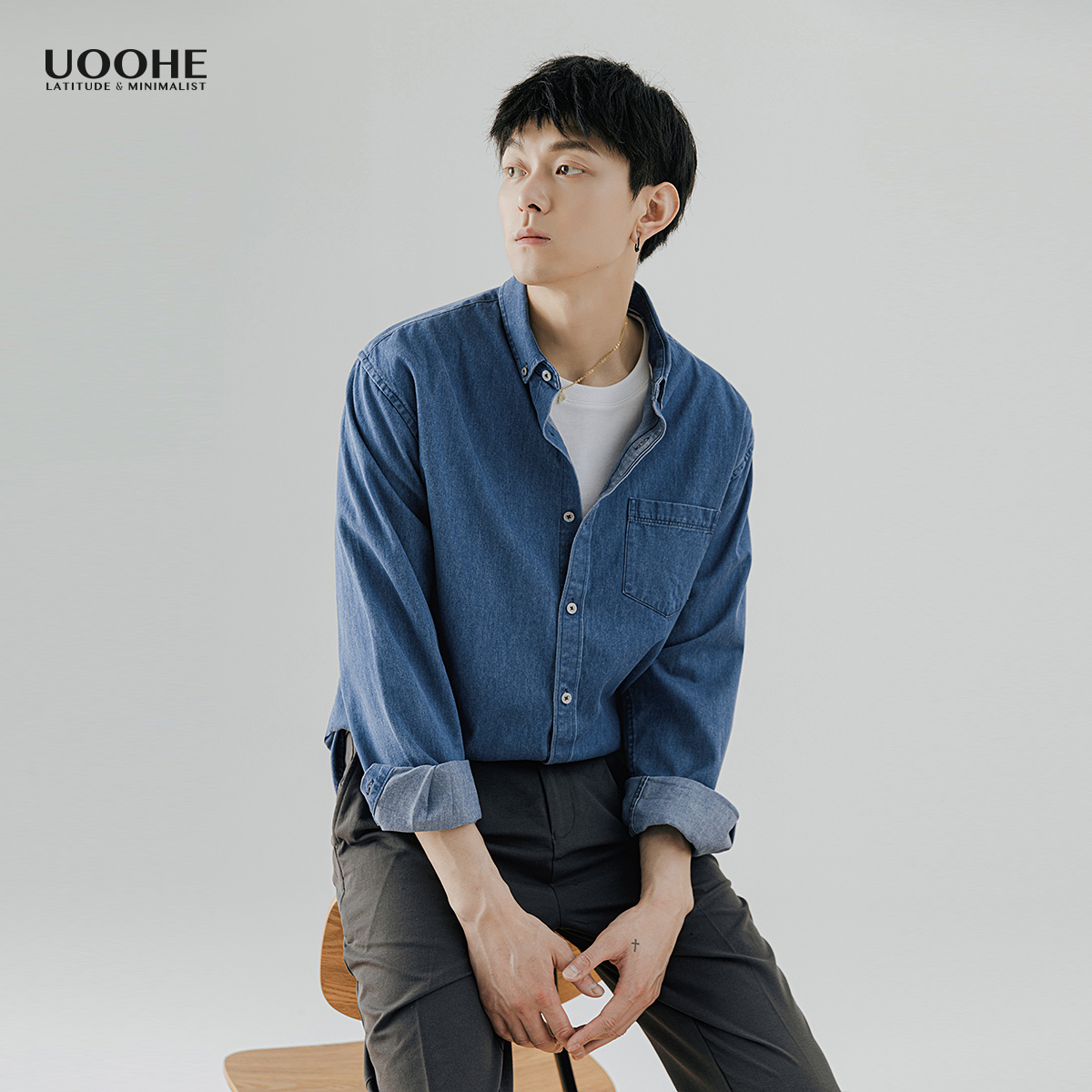 UOOHE牛仔衬衫长袖男韩版潮流帅气休闲百搭衬衣外套春秋男士上衣