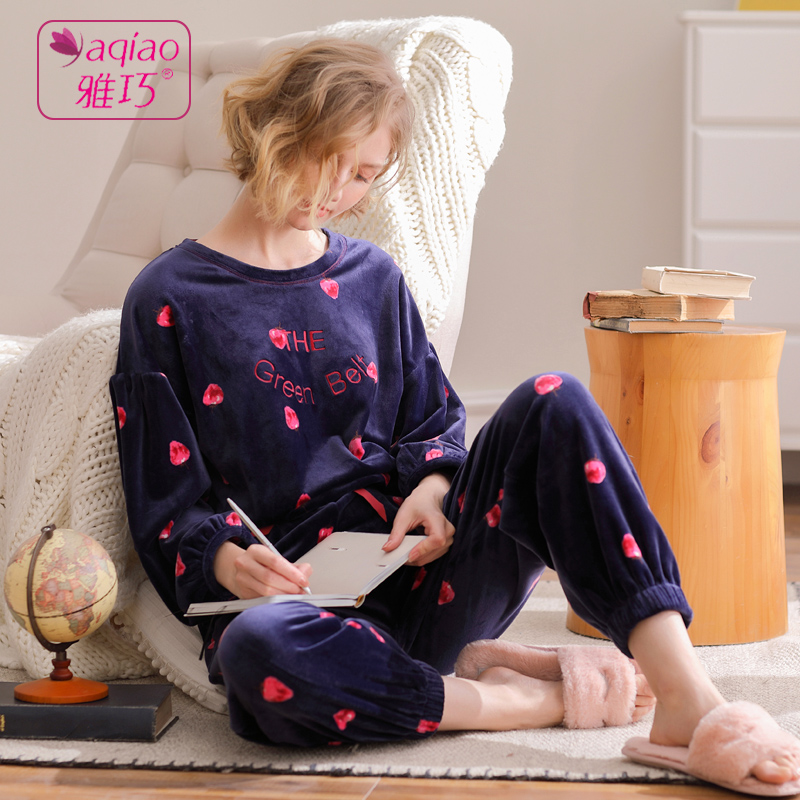 雅巧睡衣女秋冬珊瑚绒套头薄绒薄款甜美可爱春秋海岛绒家居服套装