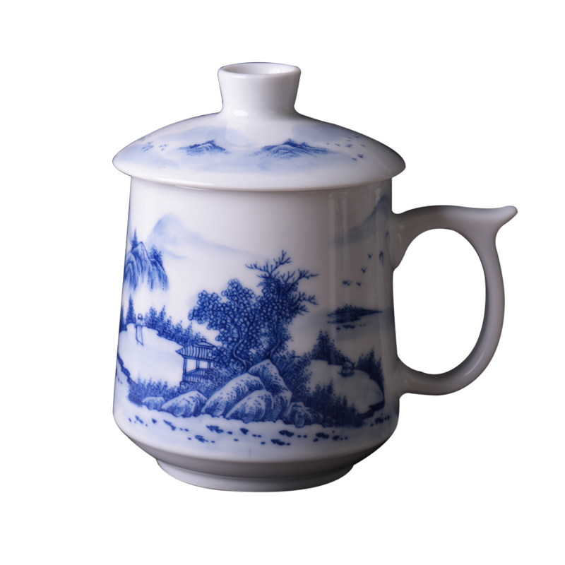 景德镇陶瓷办公杯手绘青花瓷家用陶瓷杯带盖水杯会议杯泡茶老板杯