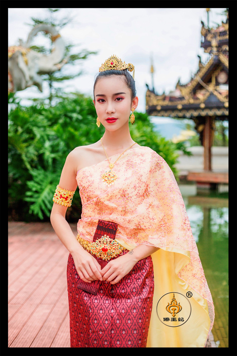 傣王妃服饰泰国传统女单单肩披纱修身简约旅拍民族服装